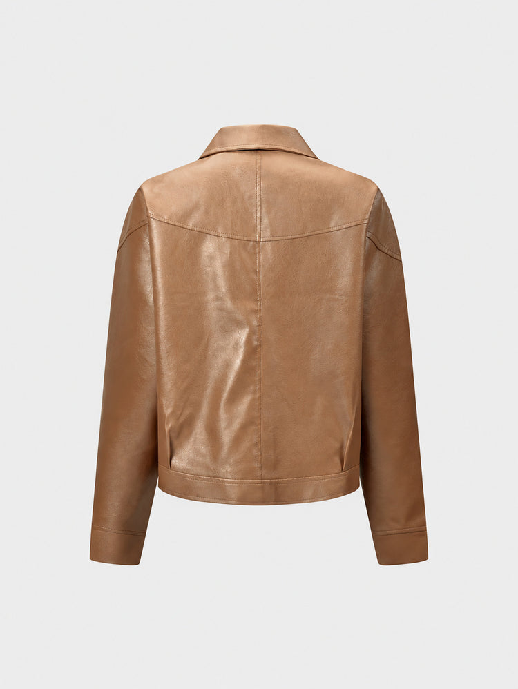 Cross-border European and American vintage women's PU leather jacket with turn-down collar, diagonal zipper, new export simple women's jacket