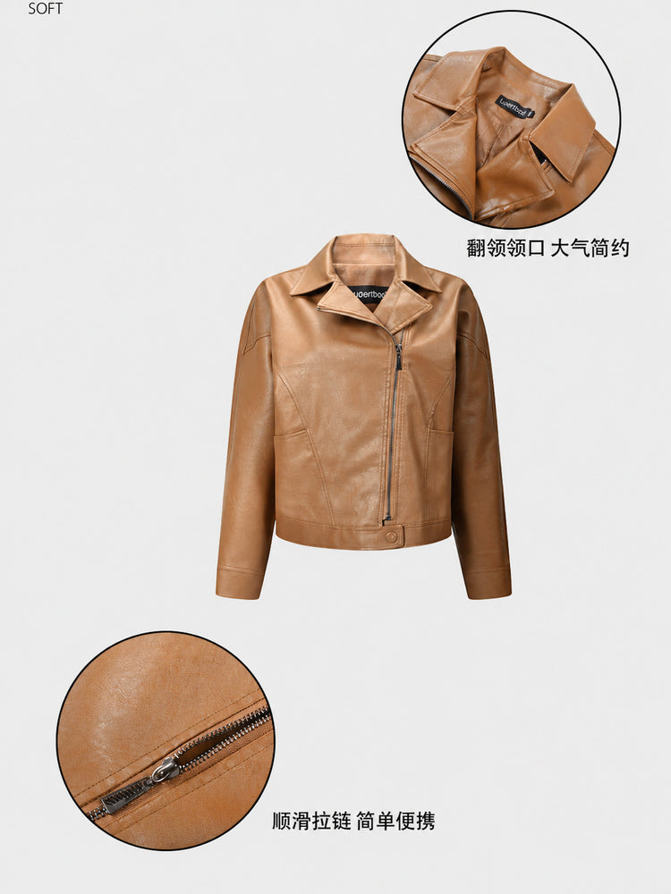 Cross-border European and American vintage women's PU leather jacket with turn-down collar, diagonal zipper, new export simple women's jacket