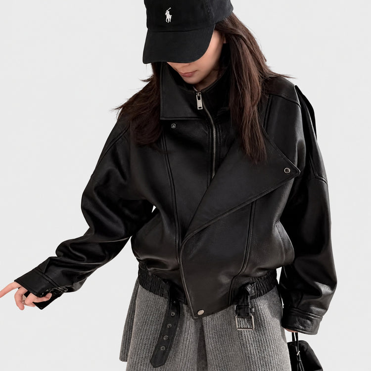 Haining's new leather jacket, motorcycle jacket, loose leather jacket, 2026 autumn new silhouette, double-collar, cropped jacket, women