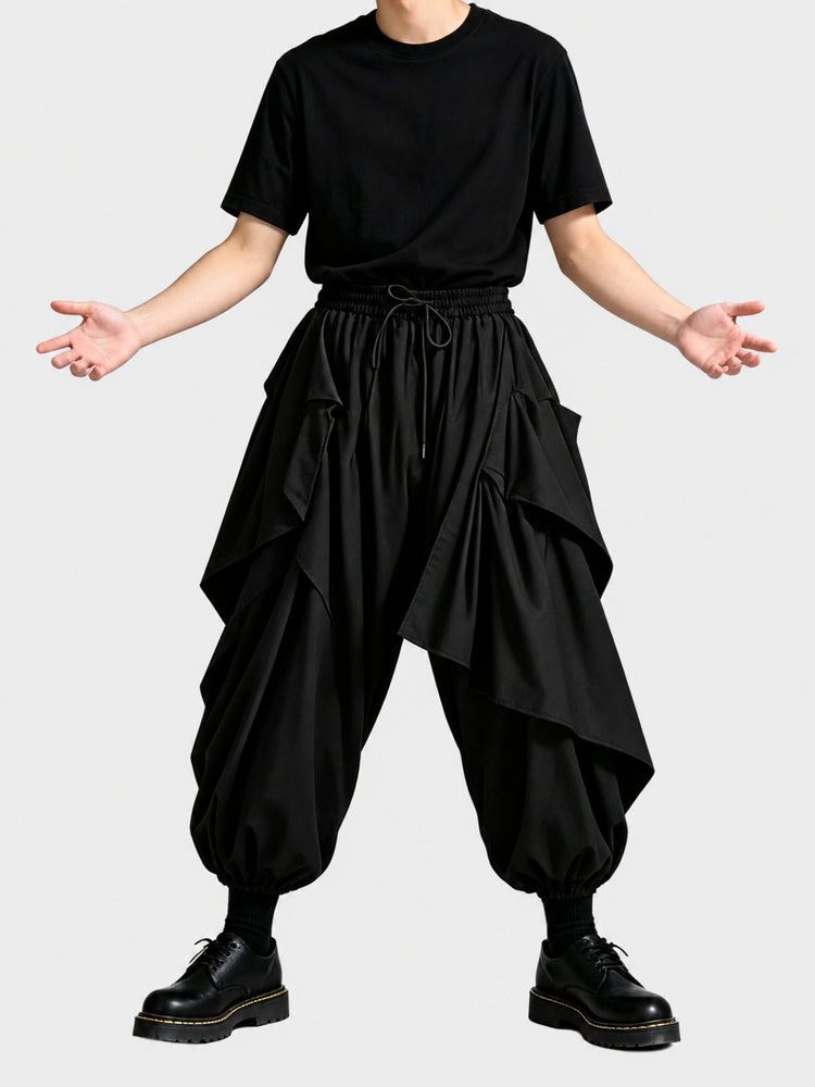 A45 Dark Men's Loose Skirt Pants, Japanese Style Drapey Casual Pants, Trendy High-Waist Irregular Wide-Leg Pants