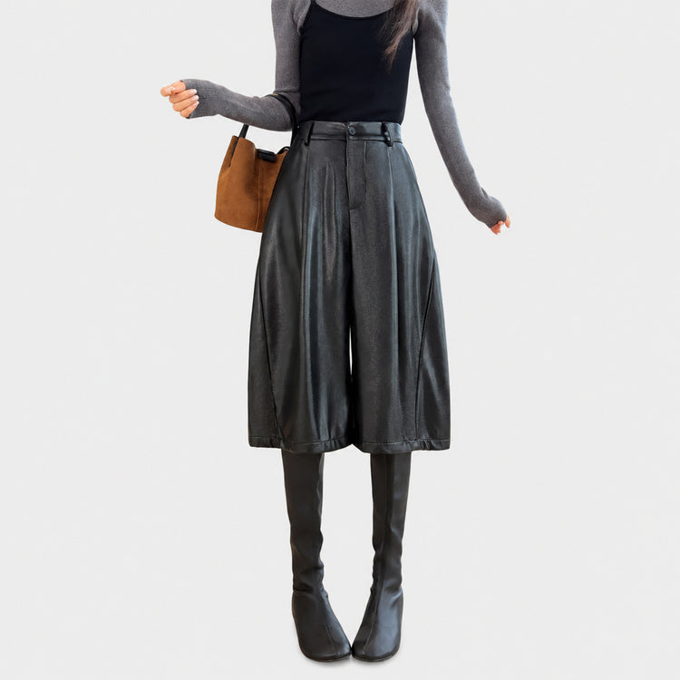 Autumn new Korean old money style retro three-quarter wide-leg leather pants, drapey versatile casual leather pants for women