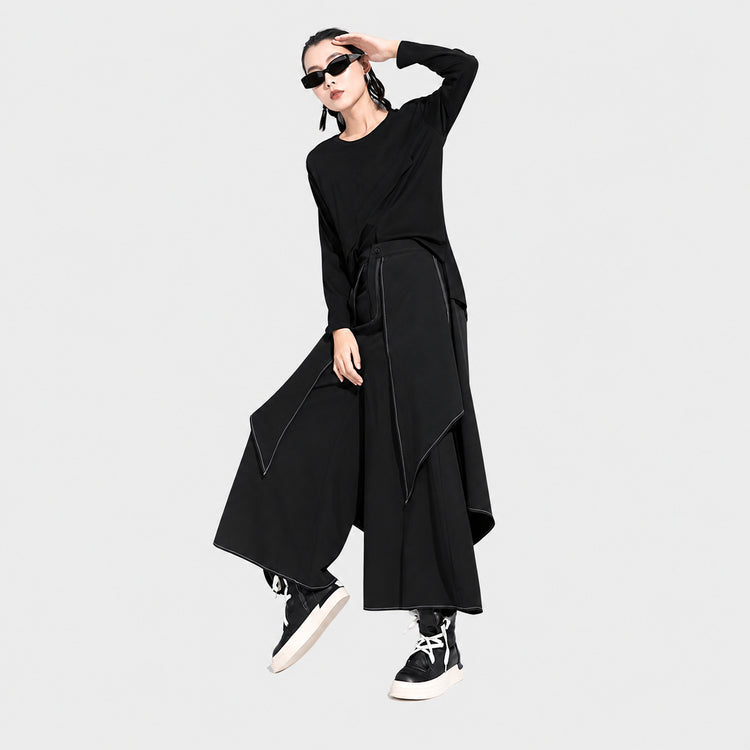 European and American women's new autumn/winter casual pants, fake two-piece white thread long pants, loose plus-size street fashion wide-leg pants