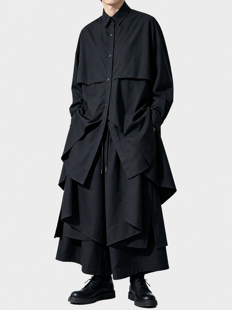 A166 black irregular cotton mid-length long-sleeve shirt for men, loose Japanese Yoshi style high-end shirt