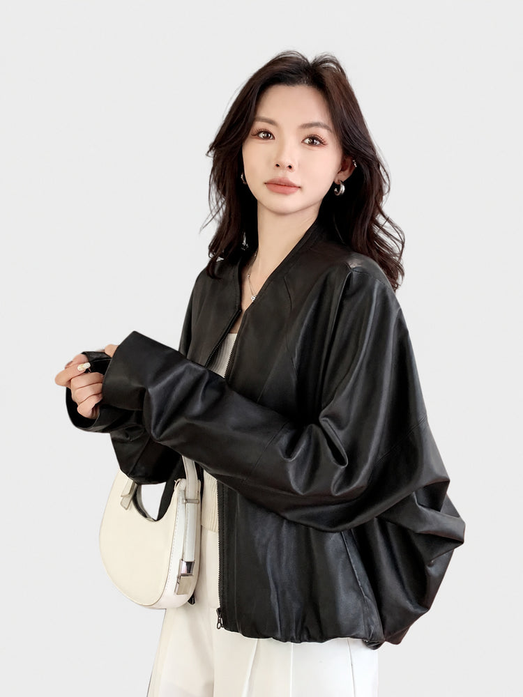 Haining genuine leather jacket for women, 2026 autumn/winter sheepskin jacket, bat-sleeve short crew neck jacket, short lambskin