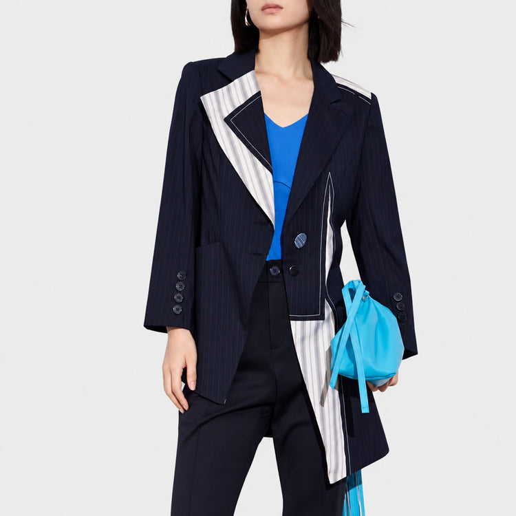 26 New Heavy Construction Patchwork Colorblock Irregular Cut Suit Jacket Top Female 1751