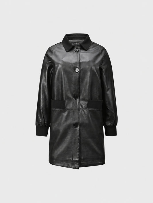Cross-border European and American minimalist black mid-length leather trench coat women's jacket, lapel single-breasted loose PU leather jacket