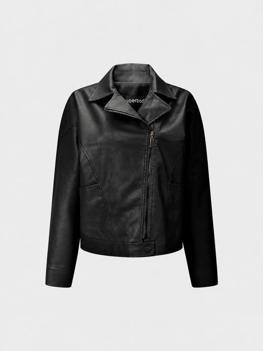 Cross-border European and American vintage women's PU leather jacket with turn-down collar, diagonal zipper, new export simple women's jacket