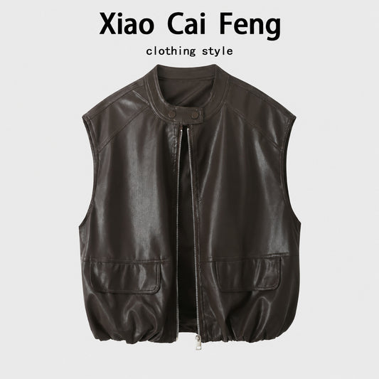 Hong Kong style retro locomotive PU leather vest vest women's autumn design sense niche sleeveless leather jacket shoulder jacket trend