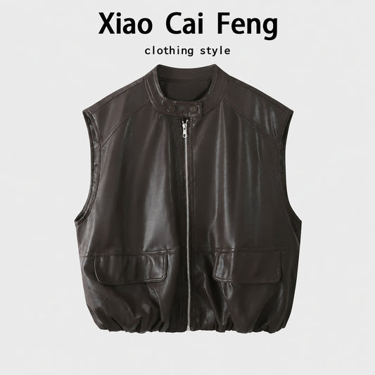 Hong Kong style retro locomotive PU leather vest vest women's autumn design sense niche sleeveless leather jacket shoulder jacket trend