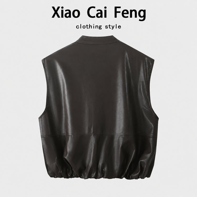 Hong Kong style retro locomotive PU leather vest vest women's autumn design sense niche sleeveless leather jacket shoulder jacket trend