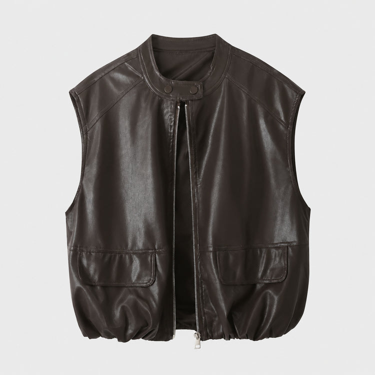 Hong Kong style retro locomotive PU leather vest vest women's autumn design sense niche sleeveless leather jacket shoulder jacket trend