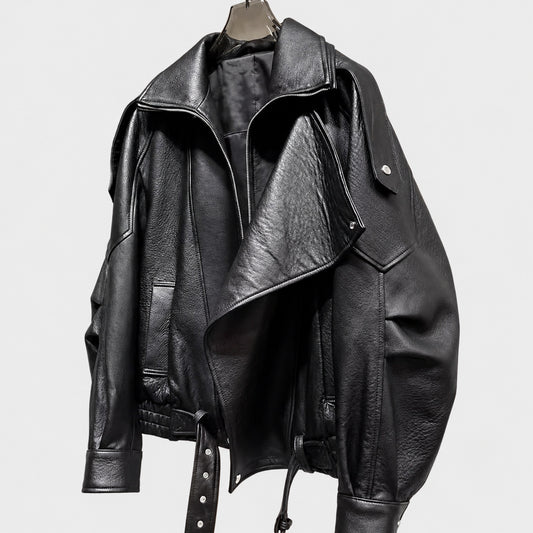 Haining's new leather jacket, motorcycle jacket, loose leather jacket, 2026 autumn new silhouette, double-collar, cropped jacket, women