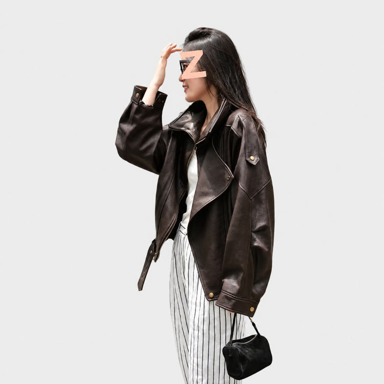 Haining's new leather jacket, motorcycle jacket, loose leather jacket, 2026 autumn new silhouette, double-collar, cropped jacket, women
