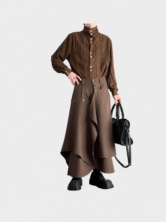 New Chinese trousers, men's Japanese retro, high-end design, handsome pants, irregular drape, wide-legged culottes, autumn
