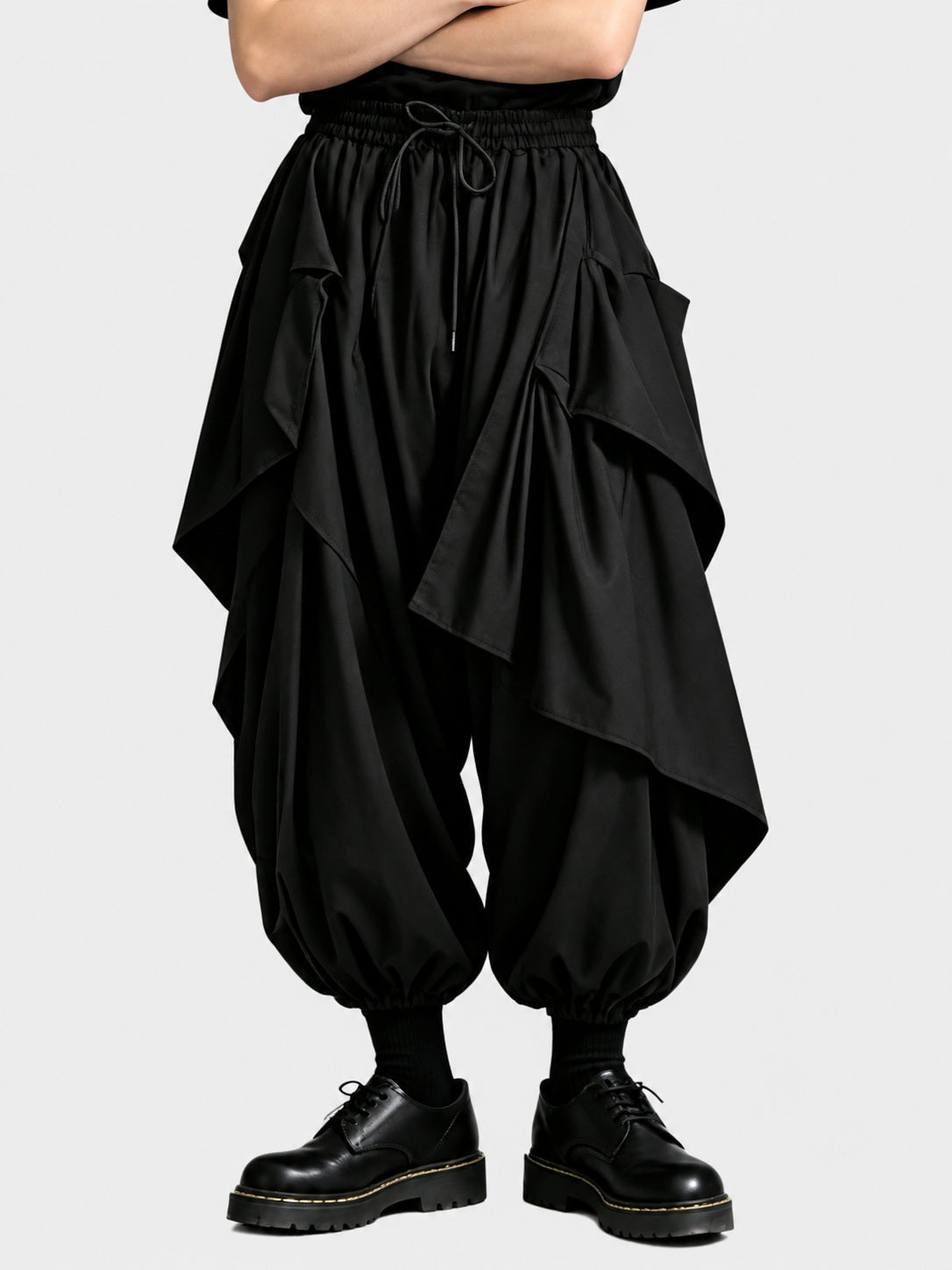 A45 Dark Men's Loose Skirt Pants, Japanese Style Drapey Casual Pants, Trendy High-Waist Irregular Wide-Leg Pants