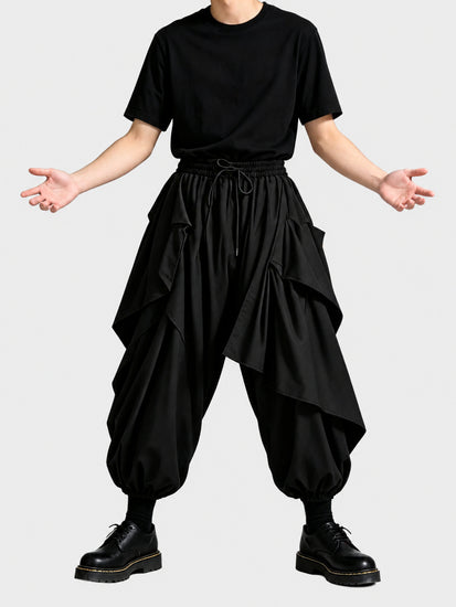 A45 Dark Men's Loose Skirt Pants, Japanese Style Drapey Casual Pants, Trendy High-Waist Irregular Wide-Leg Pants