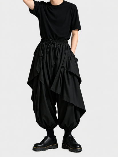 A45 Dark Men's Loose Skirt Pants, Japanese Style Drapey Casual Pants, Trendy High-Waist Irregular Wide-Leg Pants