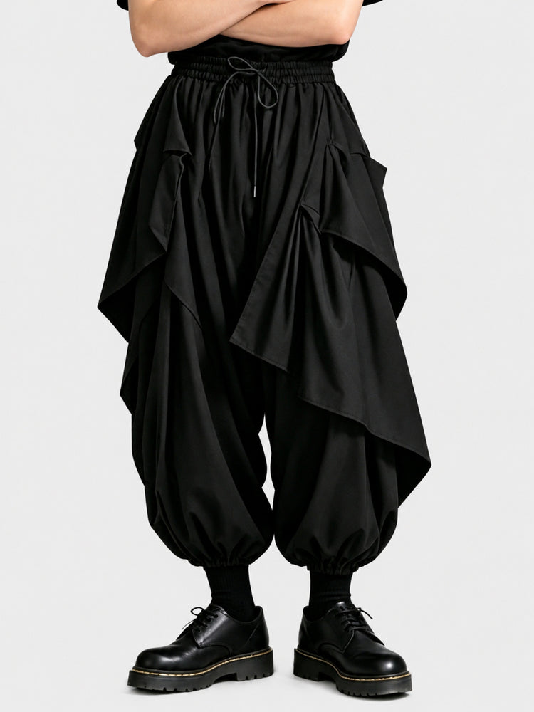 A45 Dark Men's Loose Skirt Pants, Japanese Style Drapey Casual Pants, Trendy High-Waist Irregular Wide-Leg Pants