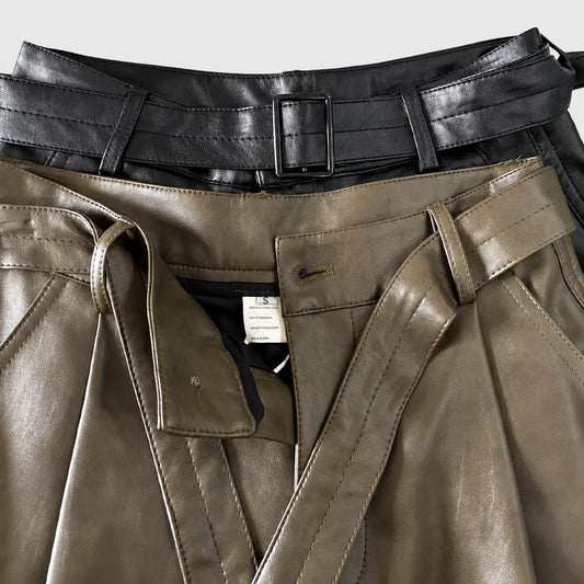 High-waisted seven-quarter PU leather wide-leg pants for women, loose drape, 2026 new autumn/winter high-waisted slimming loose three-quarter mid-length pants
