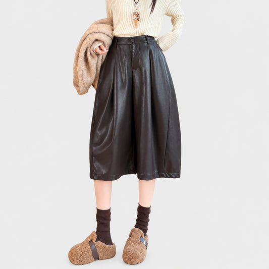 Autumn new Korean old money style retro three-quarter wide-leg leather pants, drapey versatile casual leather pants for women