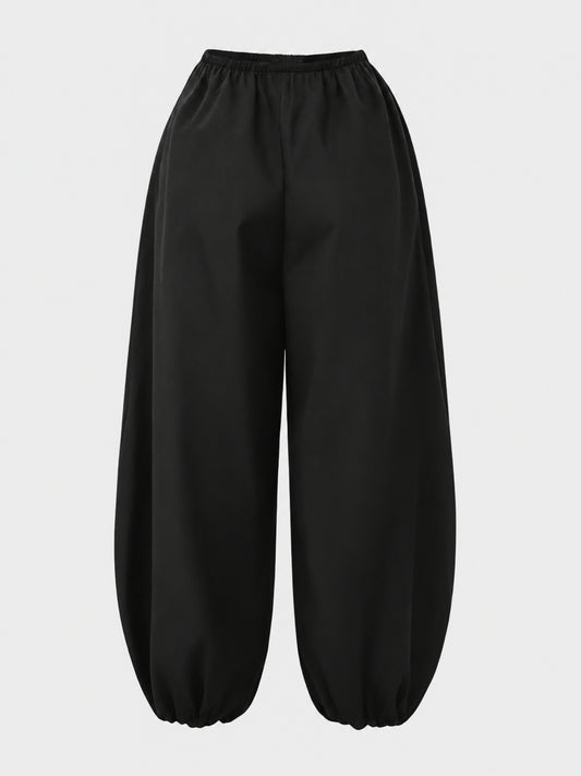 Women's cropped pants, solid color spring/summer design layered lantern pants, high-waisted elastic waist loose cropped pants, casual wear