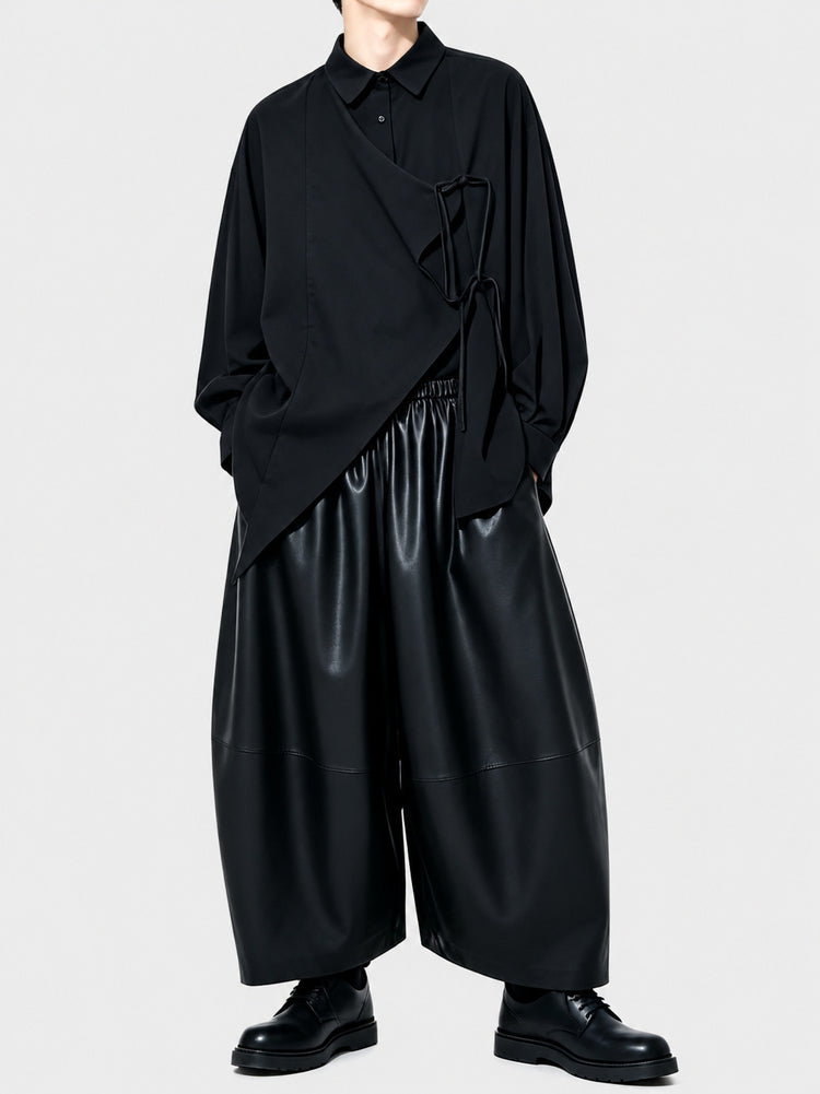 A164 Japanese Style Dark Yoshi Style Design Men's Loose Wide-Leg Leather High-Waist Protein PU Soft Casual Pants