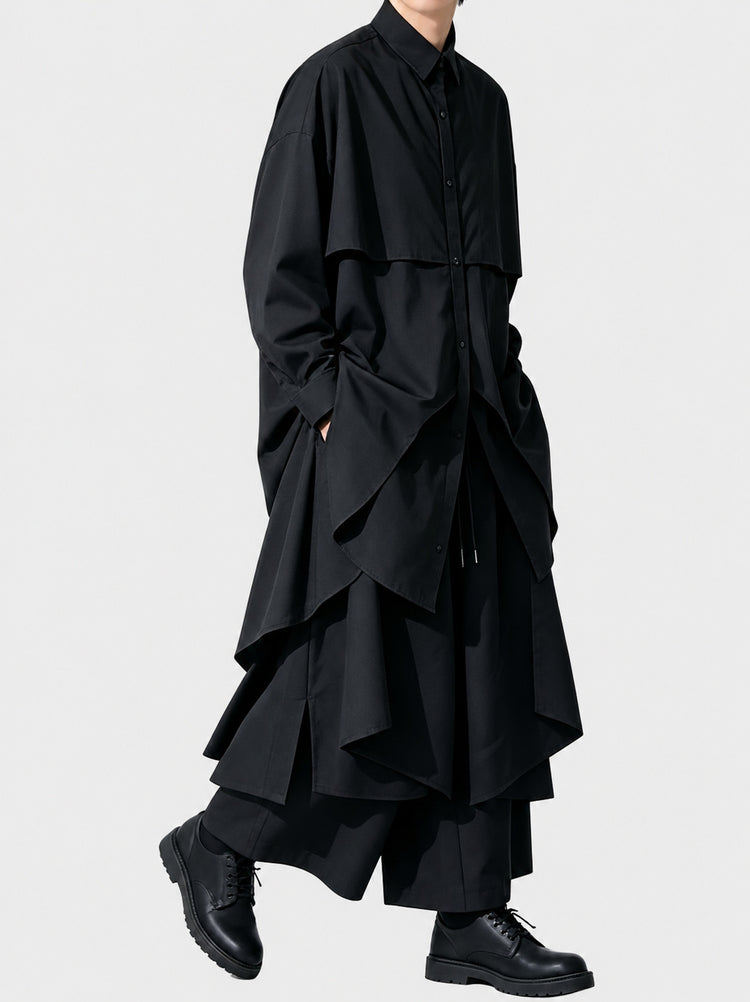 A166 black irregular cotton mid-length long-sleeve shirt for men, loose Japanese Yoshi style high-end shirt