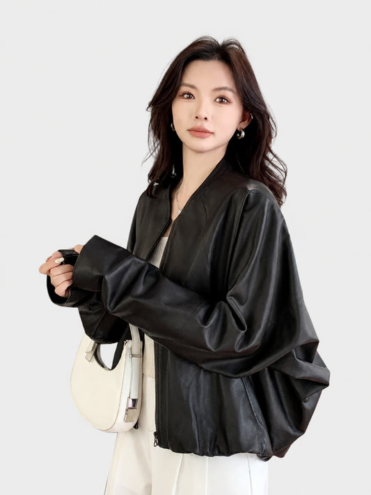 Haining genuine leather jacket for women, 2026 autumn/winter sheepskin jacket, bat-sleeve short crew neck jacket, short lambskin