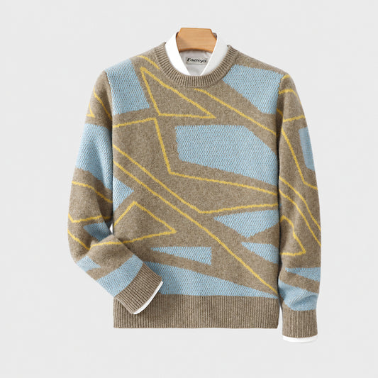 Men's pure wool sweater, teenage irregular pattern knit base shirt, winter plus-size cashmere sweater, crew neck sweater
