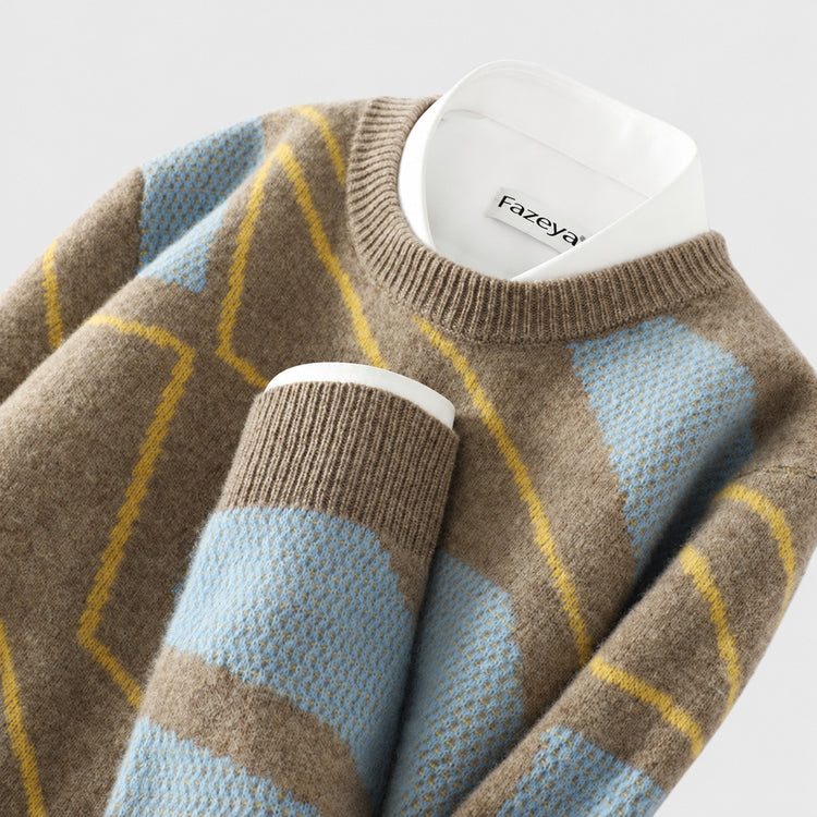 Men's pure wool sweater, teenage irregular pattern knit base shirt, winter plus-size cashmere sweater, crew neck sweater