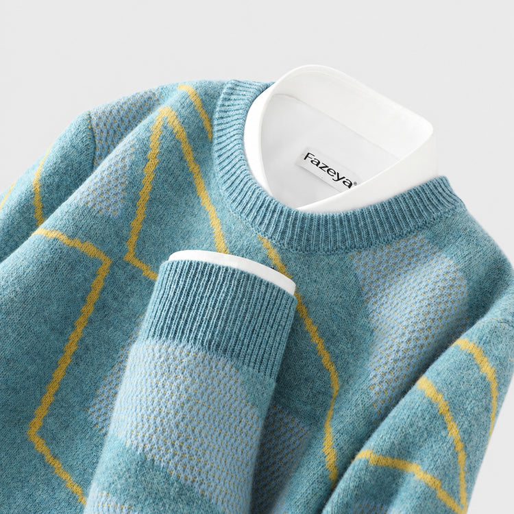 Men's pure wool sweater, teenage irregular pattern knit base shirt, winter plus-size cashmere sweater, crew neck sweater