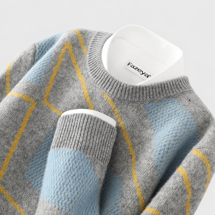 Men's pure wool sweater, teenage irregular pattern knit base shirt, winter plus-size cashmere sweater, crew neck sweater