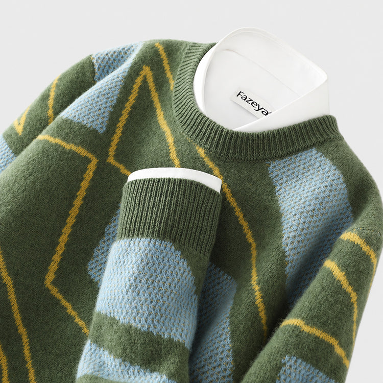 Men's pure wool sweater, teenage irregular pattern knit base shirt, winter plus-size cashmere sweater, crew neck sweater